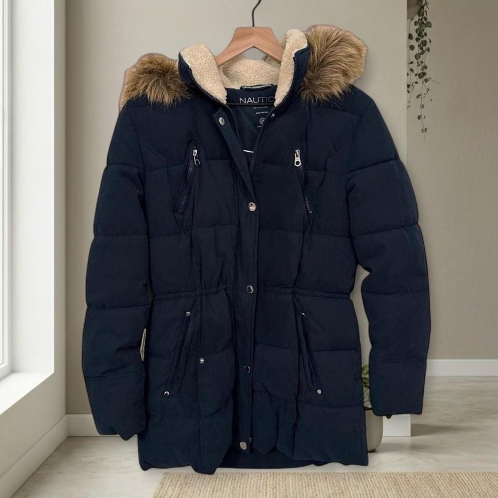 Navy Nautica puffer jacket with faux fur hood